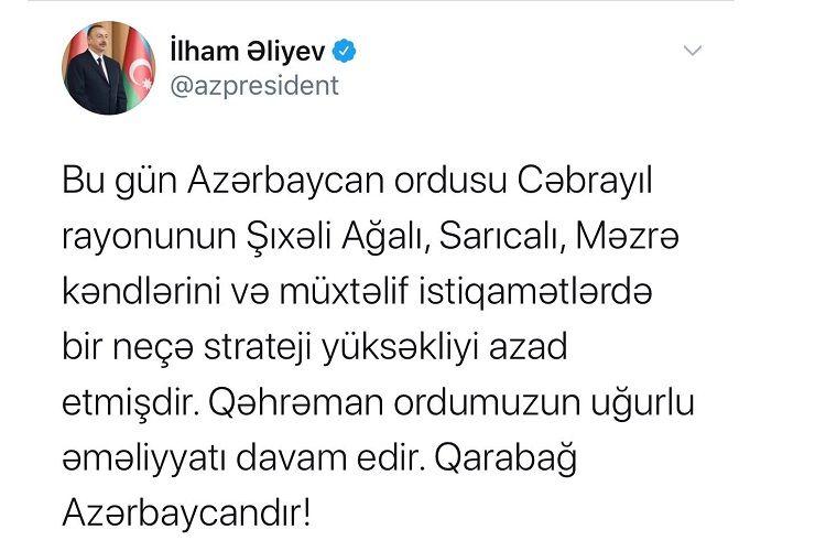 "Cəbrayılın bir neçə kəndi də işğaldan azad olunub"<b style="color:red"></b>