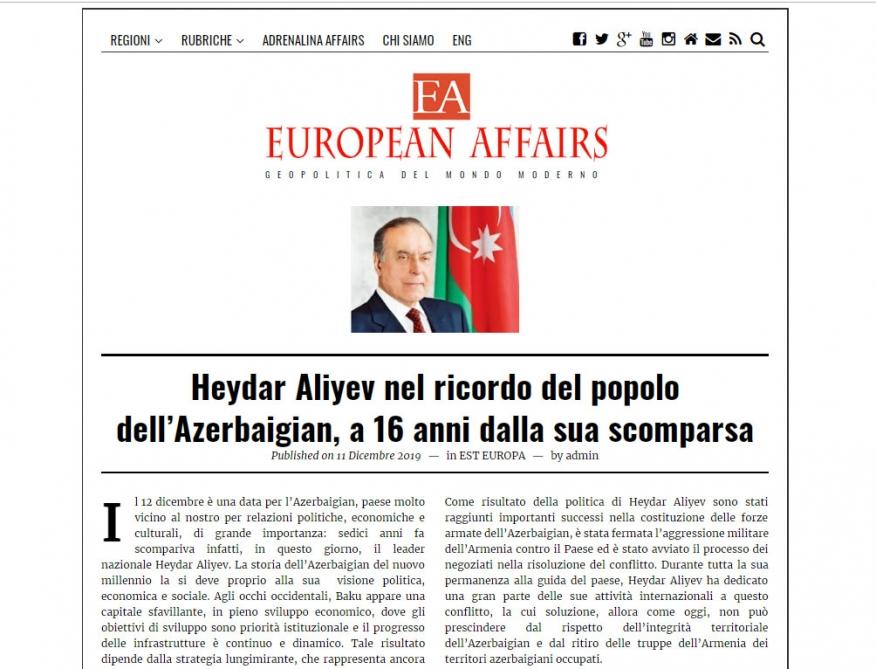 İtaliya qəzeti: "Heydər Əliyev Azərbaycan-İtaliya strateji tərəfdaşlığına aparan yolun əsasını qoyub"