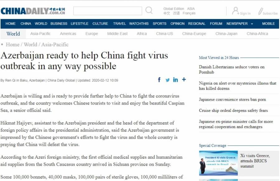 “China Daily” Azərbaycanın virusla mübarizədə Çinə dəstəyindən yazdı