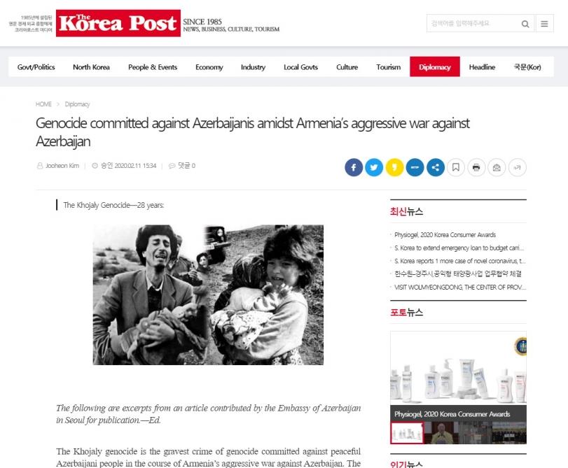 "The Korea Post" qəzeti Xocalı soyqırımından yazır