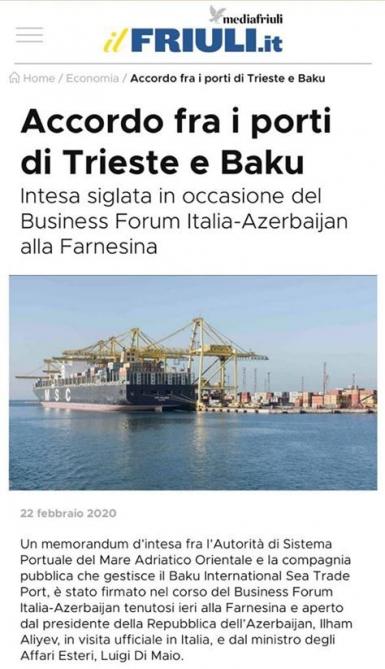 İtaliya saytları Bakı Limanının Trieste limanı ilə əməkdaşlığından yazır
