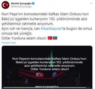 Mövlud Çavuşoğlu Bakının işğaldan azad olunması ilə bağlı paylaşım etdi