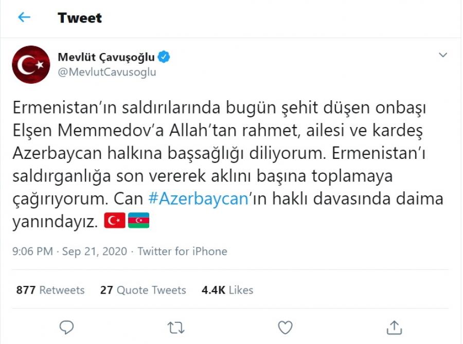 Mövlud Çavuşoğlu: "Azərbaycanın haqlı mübarizəsində daim yanındayıq"<b style="color:red"></b>