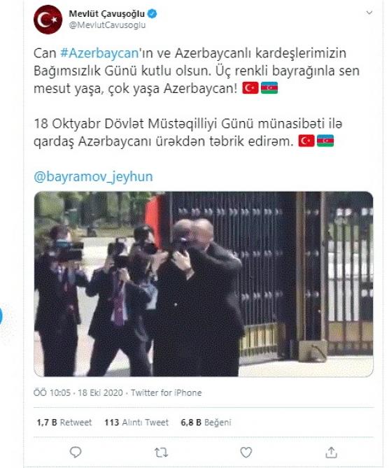 Türkiyənin Xarici İşlər naziri Azərbaycan xalqını təbrik etdi<b style="color:red"></b>