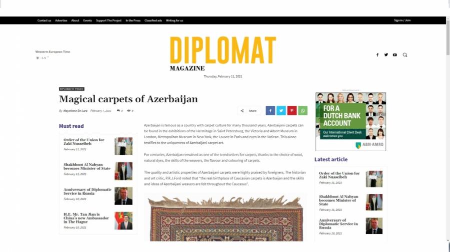 Azərbaycan xalçaları “Diplomat Magazine” jurnalında<b style="color:red"></b>