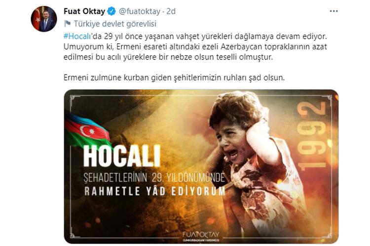 Türkiyənin vitse-prezidenti Xocalı soyqırımı ilə bağlı paylaşım edib