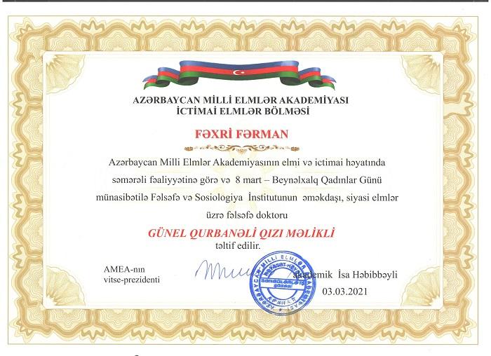 Gənc alim Fəxri fərmanla təltif olunub<b style="color:red"></b>