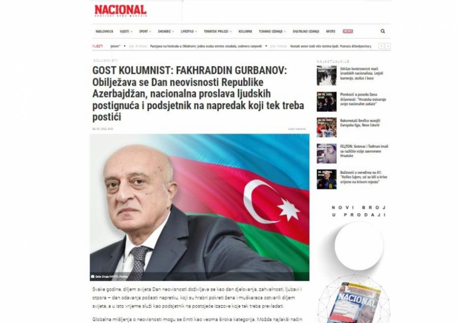 Xorvatiya ictimaiyyəti Azərbaycanın Müstəqillik Günü barədə məlumatlandırılıb