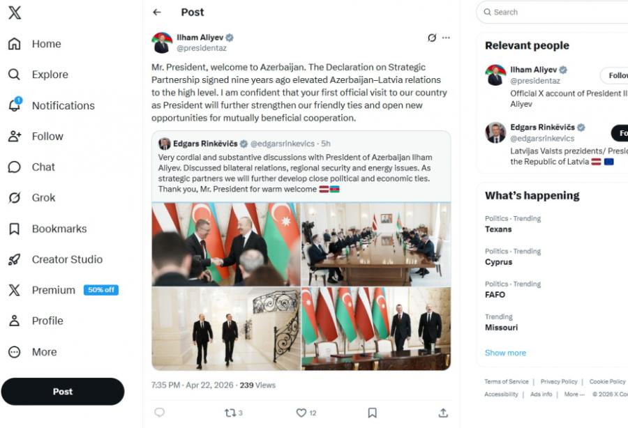Prezident İlham Əliyev Latviya Prezidentinin ölkəmizə səfəri ilə bağlı paylaşım edib
