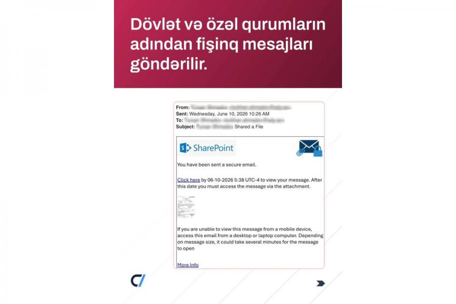 Dövlət və özəl qurumların adından fişinq mesajları göndərilir - Milli Kibertəhlükəsizlik Agentliyi