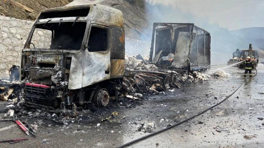 Oğuzda buğda yüklü TIR yanıb