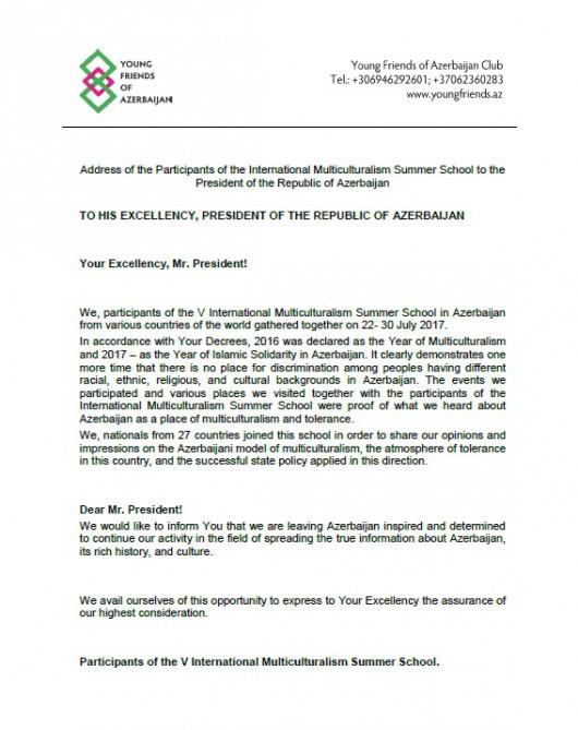 Multikulturalizm Məktəbinin iştirakçıları prezidentə müraciət etdilər<b style="color:red"></b>