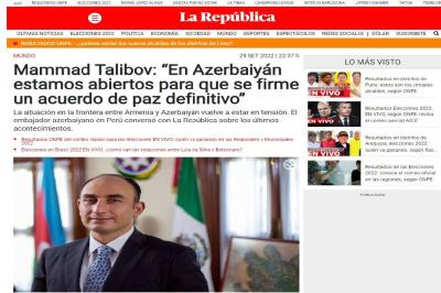 Azərbaycanlı səfir Peru mətbuatında Ermənistanın son hərbi təxribatı barədə danışıb