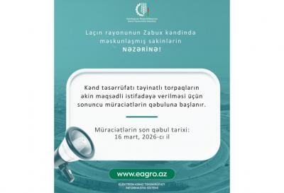 Zabuxda torpaqların əkin məqsədli istifadəyə verilməsi üçün müraciətlər martın 16-dək davam edəcək