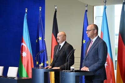 Prezident İlham Əliyev və Federal Kansler Fridrix Merts mətbuata bəyanatlarla çıxış ediblər - YENİLƏNİB-1